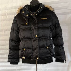 Zeroxposur Juniors Black/Gold Puffer Jacket Size 10/12 Hooded Winter Coat